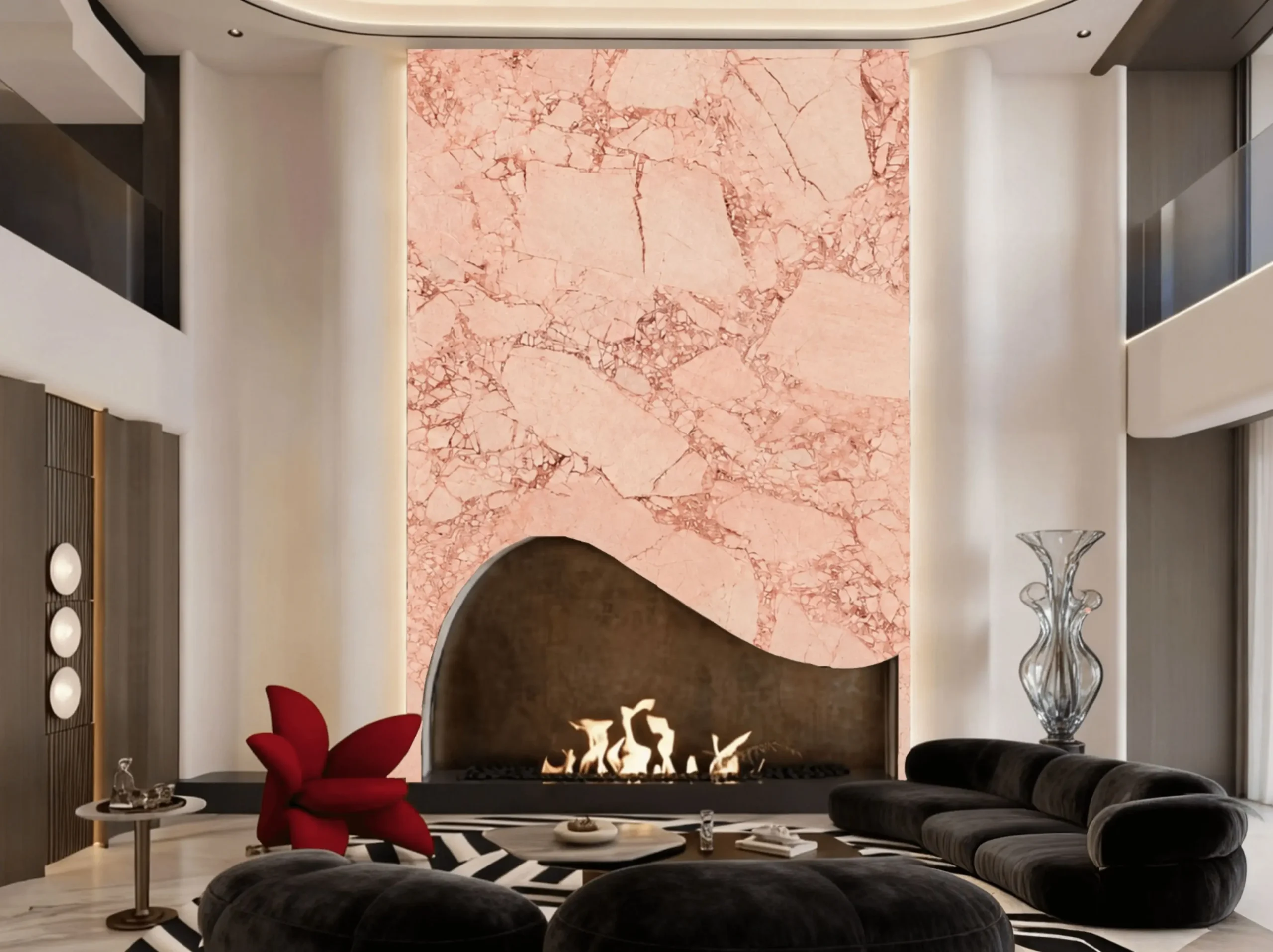 pink-bvlgari-marble-fireplace-feature-wall.webp Pink Bvlgari Marble fireplace feature wall in a luxury modern living room