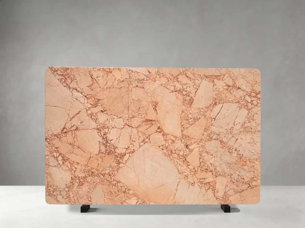 Pink Bvlgari Marble full slab with large blush-pink fragments and dark rose veining
