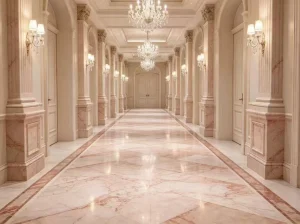 Pink Bvlgari Marble flooring and wall cladding in a luxury hotel corridor