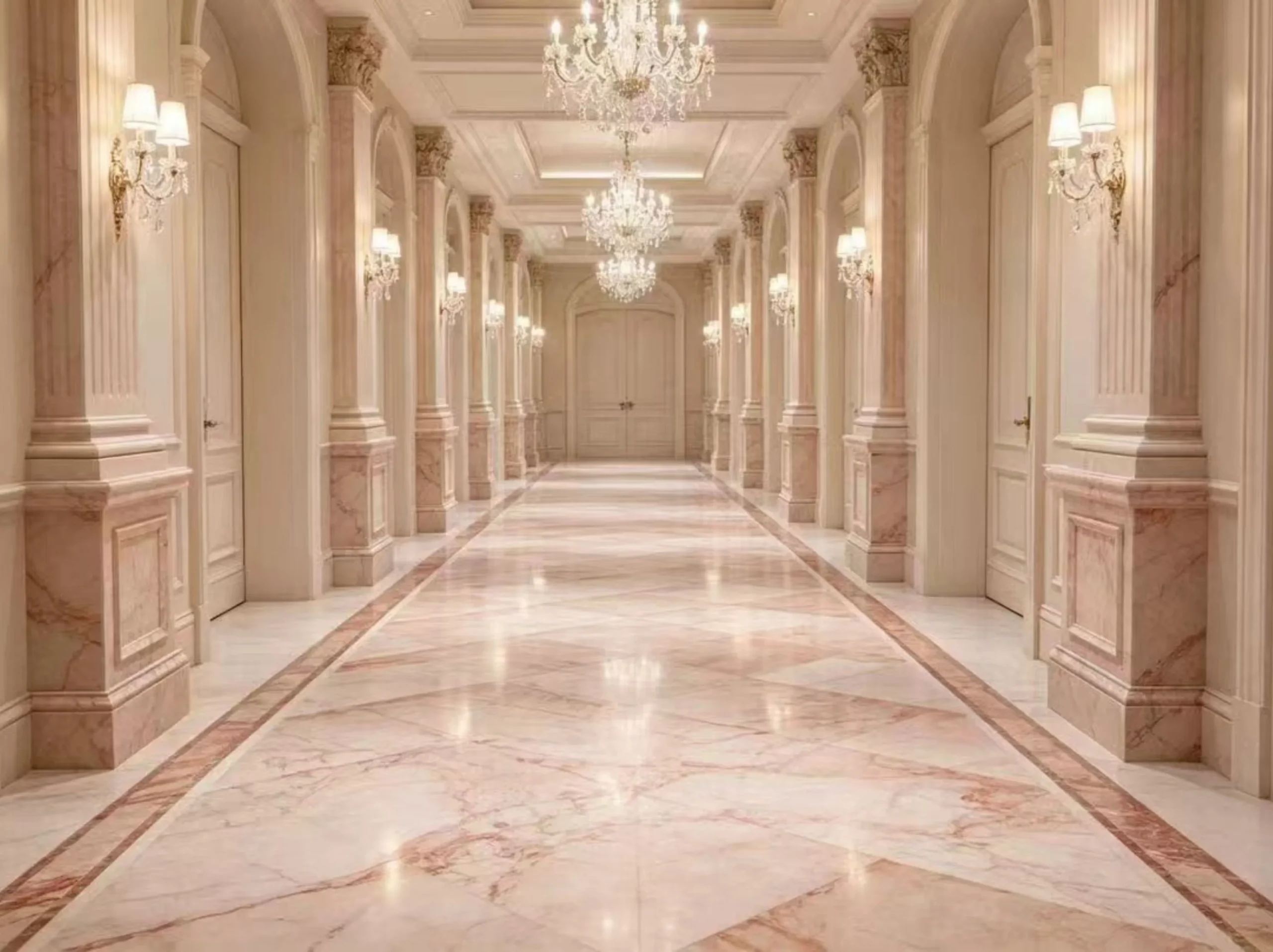 pink-bvlgari-marble-luxury-hotel-corridor.webp Pink Bvlgari Marble flooring and wall cladding in a luxury hotel corridor