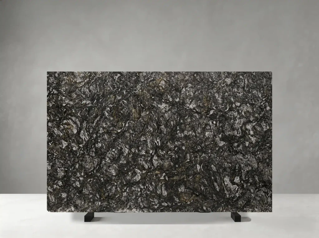 platinum black granite slab with dark charcoal black and dense silver mineral texture