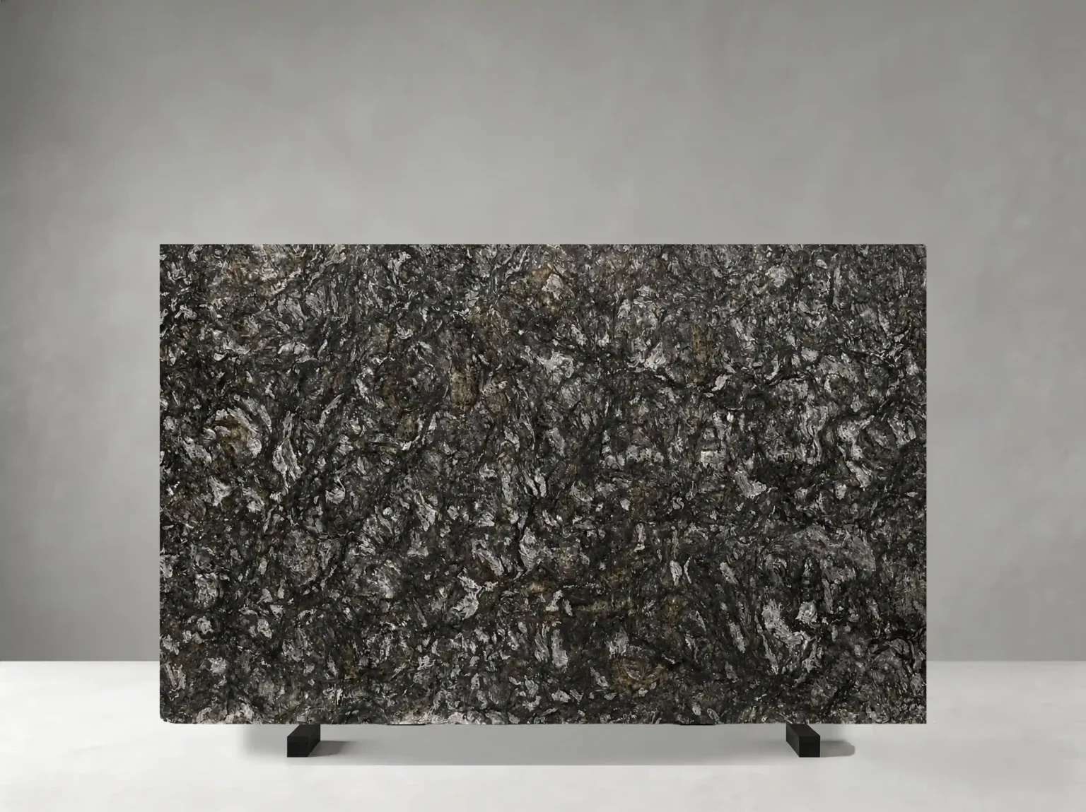 platinum black granite slab with dark charcoal black and dense silver mineral texture