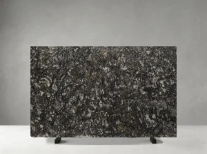 platinum black granite slab with dark charcoal black and dense silver mineral texture