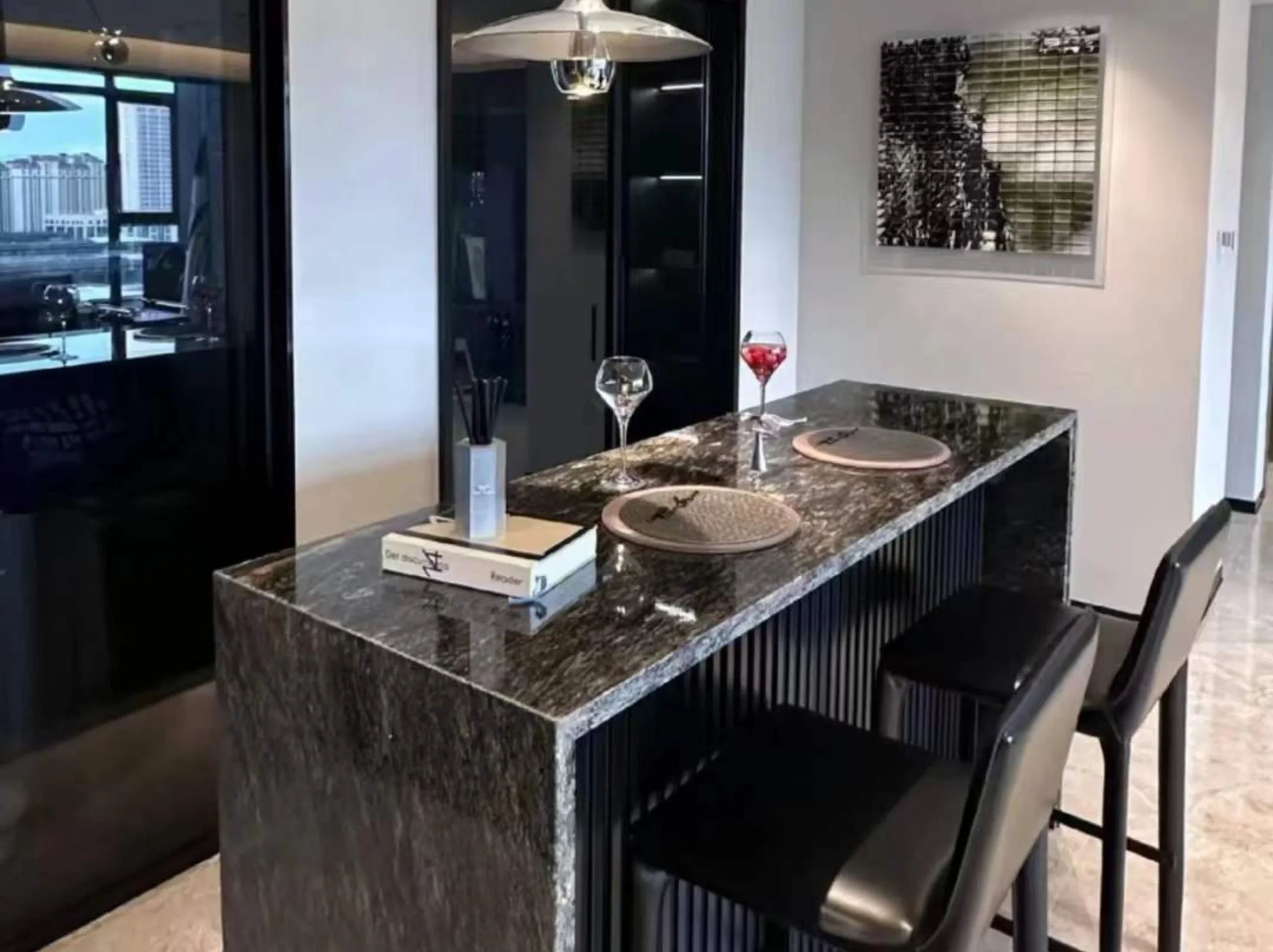 platinum-diamond-granite-custom-dining-counter-03.webp platinum diamond granite custom dining counter with dark grey silver and warm mineral movement