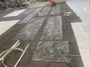 platinum diamond granite cut to size pieces arranged for factory dry layout and project checking