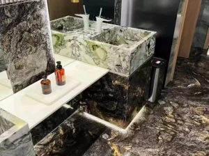 platinum gold granite bathroom vanity and floor surfaces with dark grey and gold mineral pattern