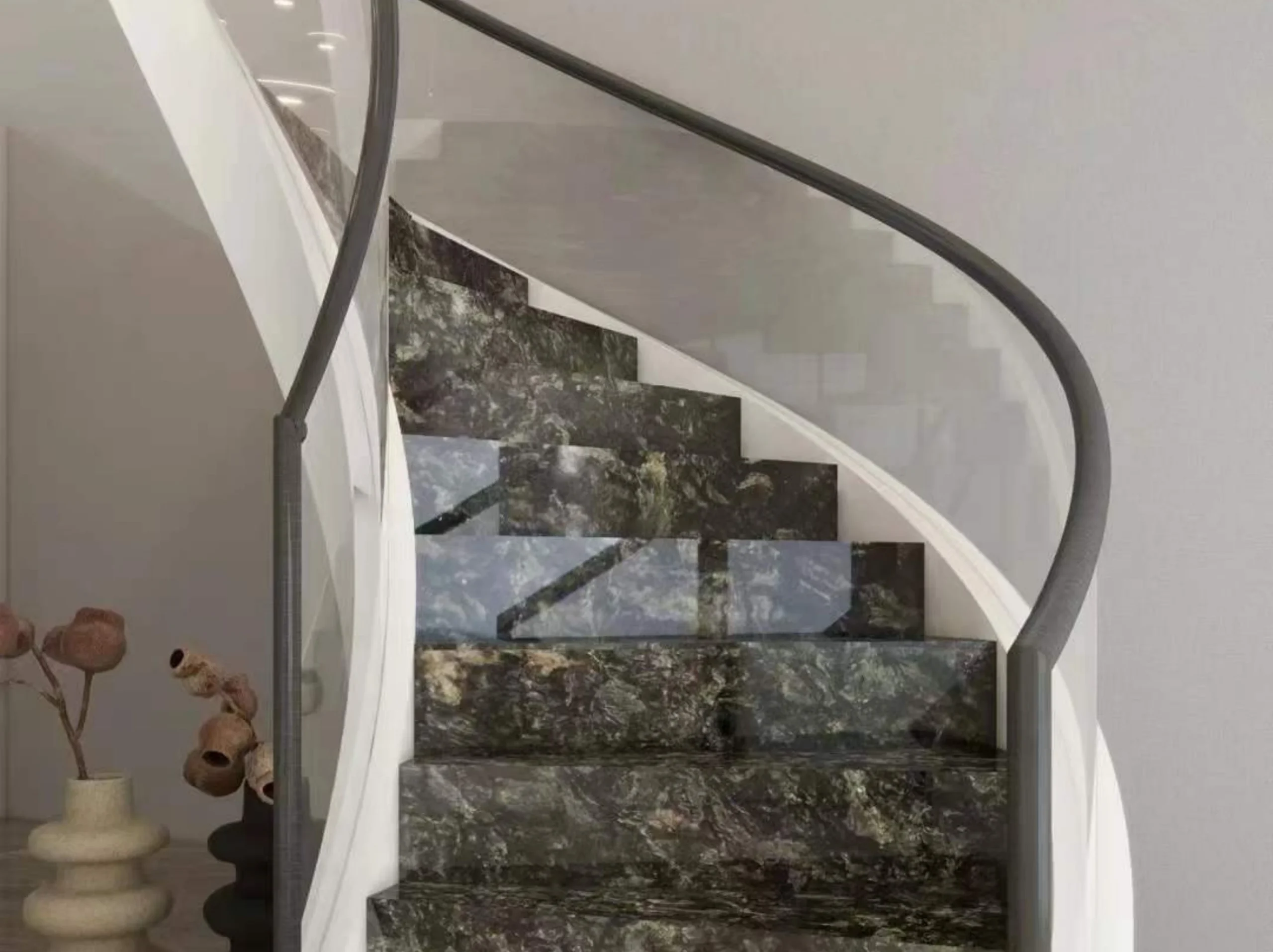 platinum-gold-granite-curved-staircase-01.webp platinum gold granite curved staircase with dark grey silver and warm gold mineral movement