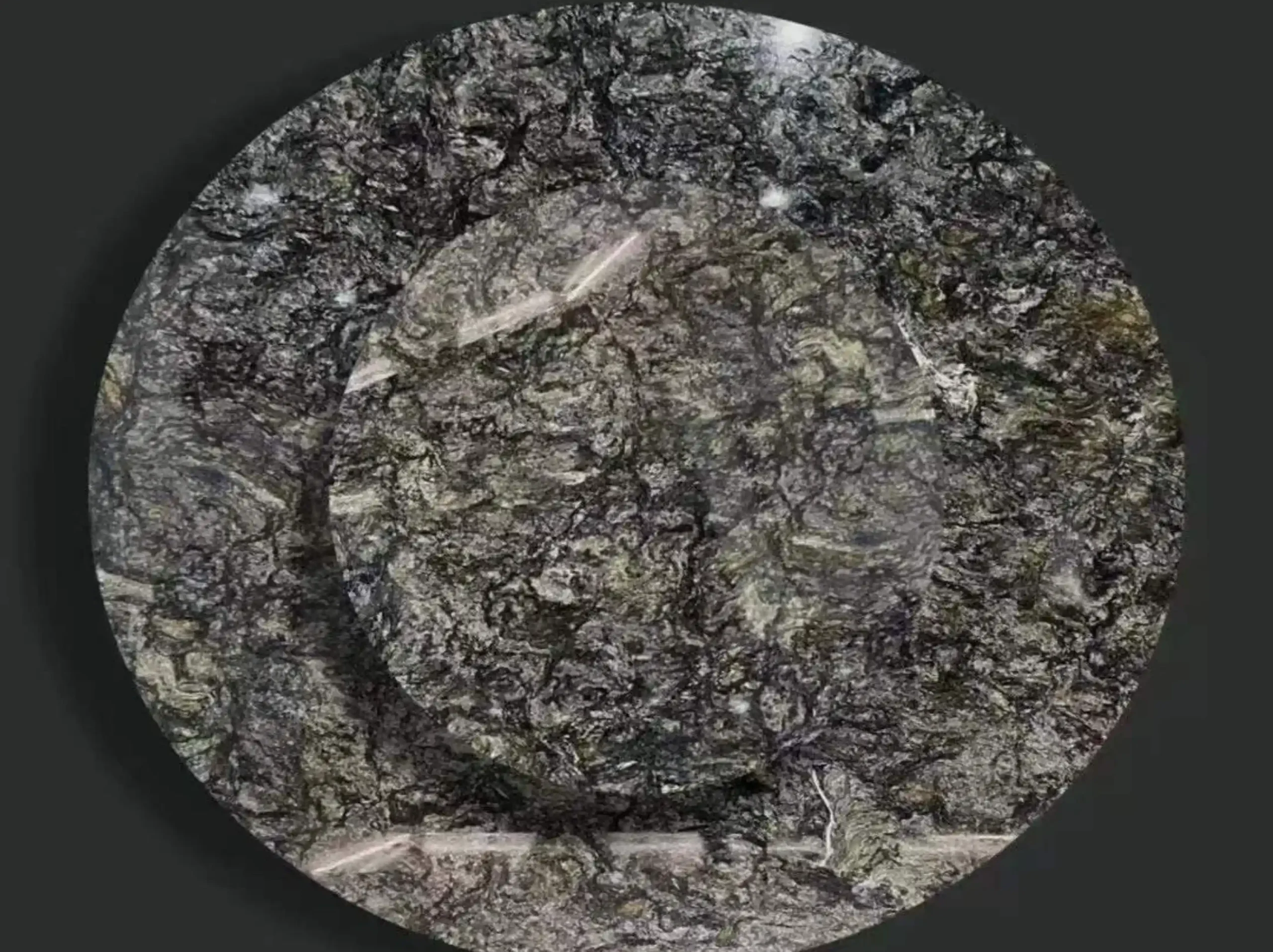 platinum-gold-granite-round-table-top-03.webp platinum gold granite round table top with polished dark grey silver and gold mineral texture