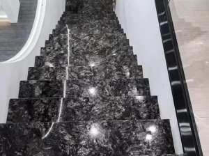 platinum granite polished stair treads with dark grey and silver natural mineral pattern