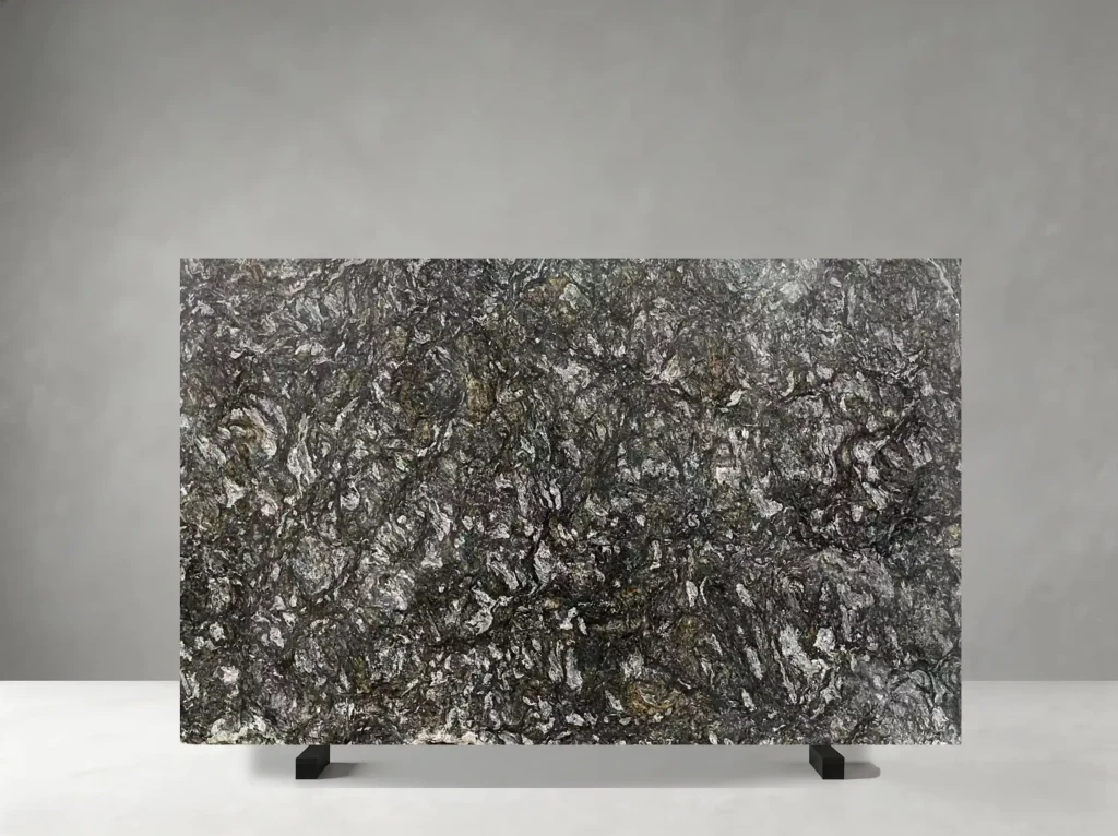 platinum granite slab with dark charcoal grey and complex silver mineral texture