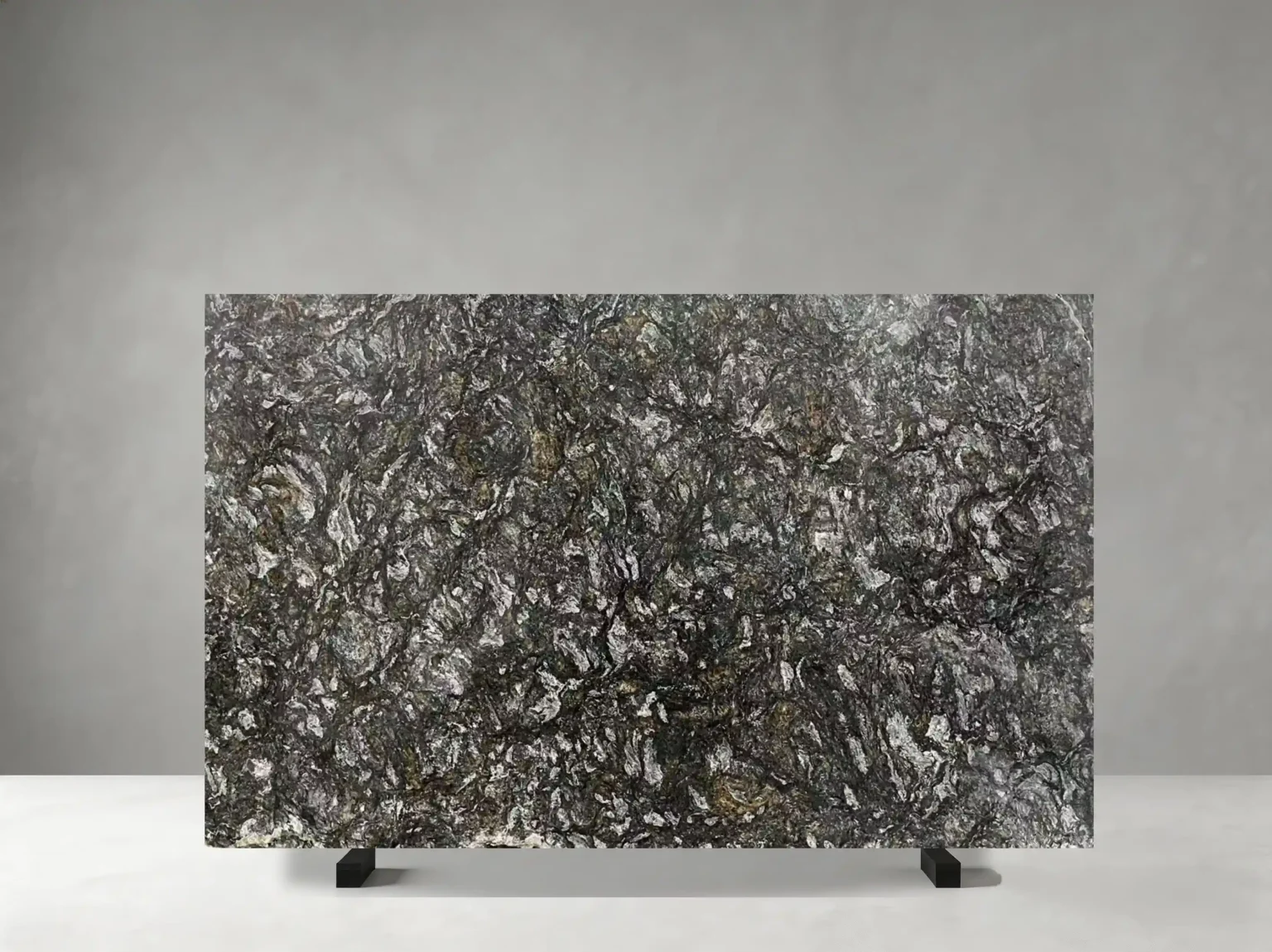 platinum granite slab with dark charcoal grey and complex silver mineral texture