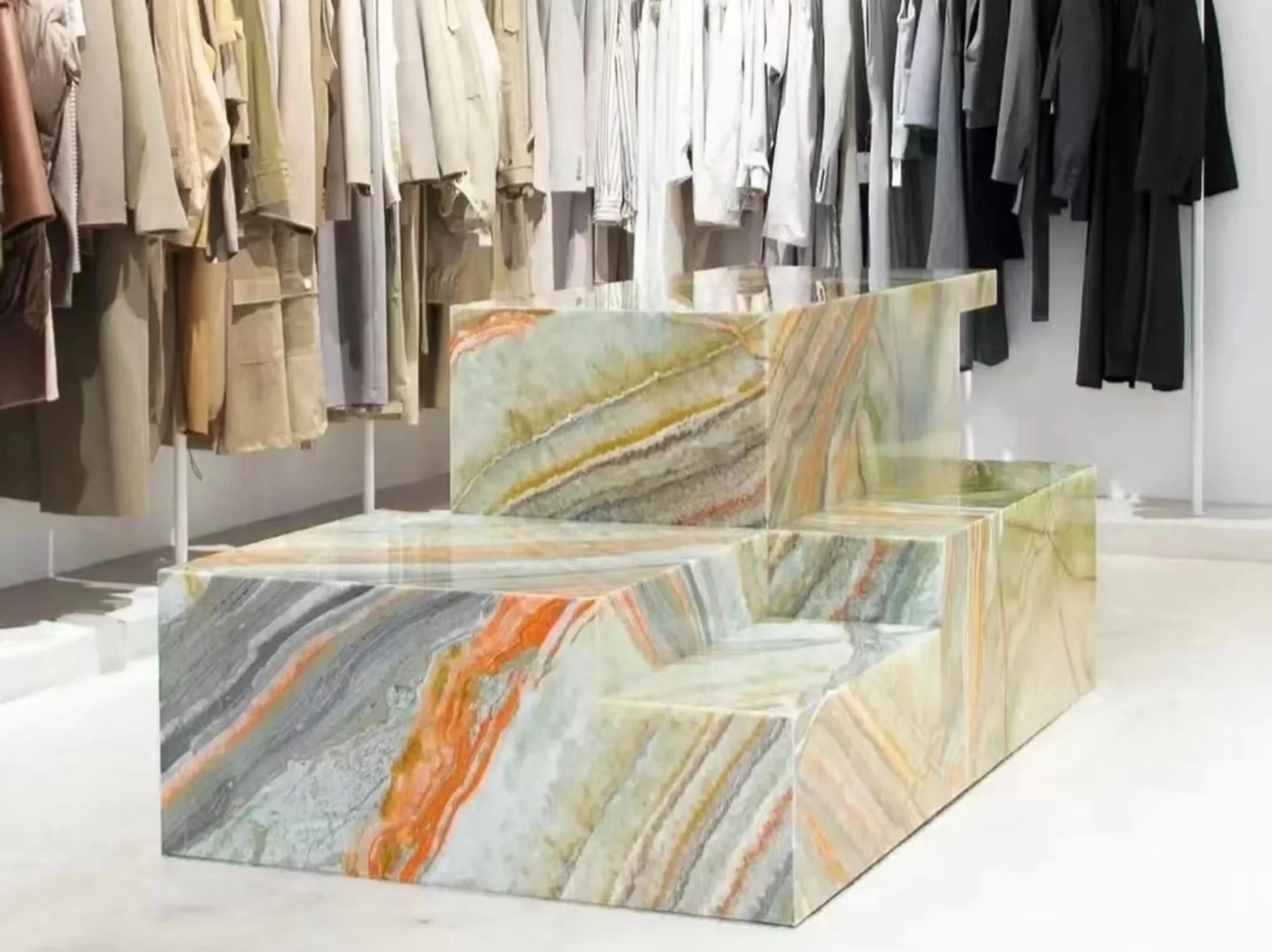 rainbow-onyx-boutique-display-furniture-02.webp rainbow onyx boutique display furniture with green grey orange and cream layered pattern