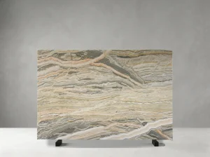 rainbow onyx slab with grey cream peach orange and layered natural mineral pattern