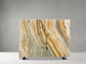 rainbow persian onyx slab with gold green orange cream and dramatic vertical mineral bands