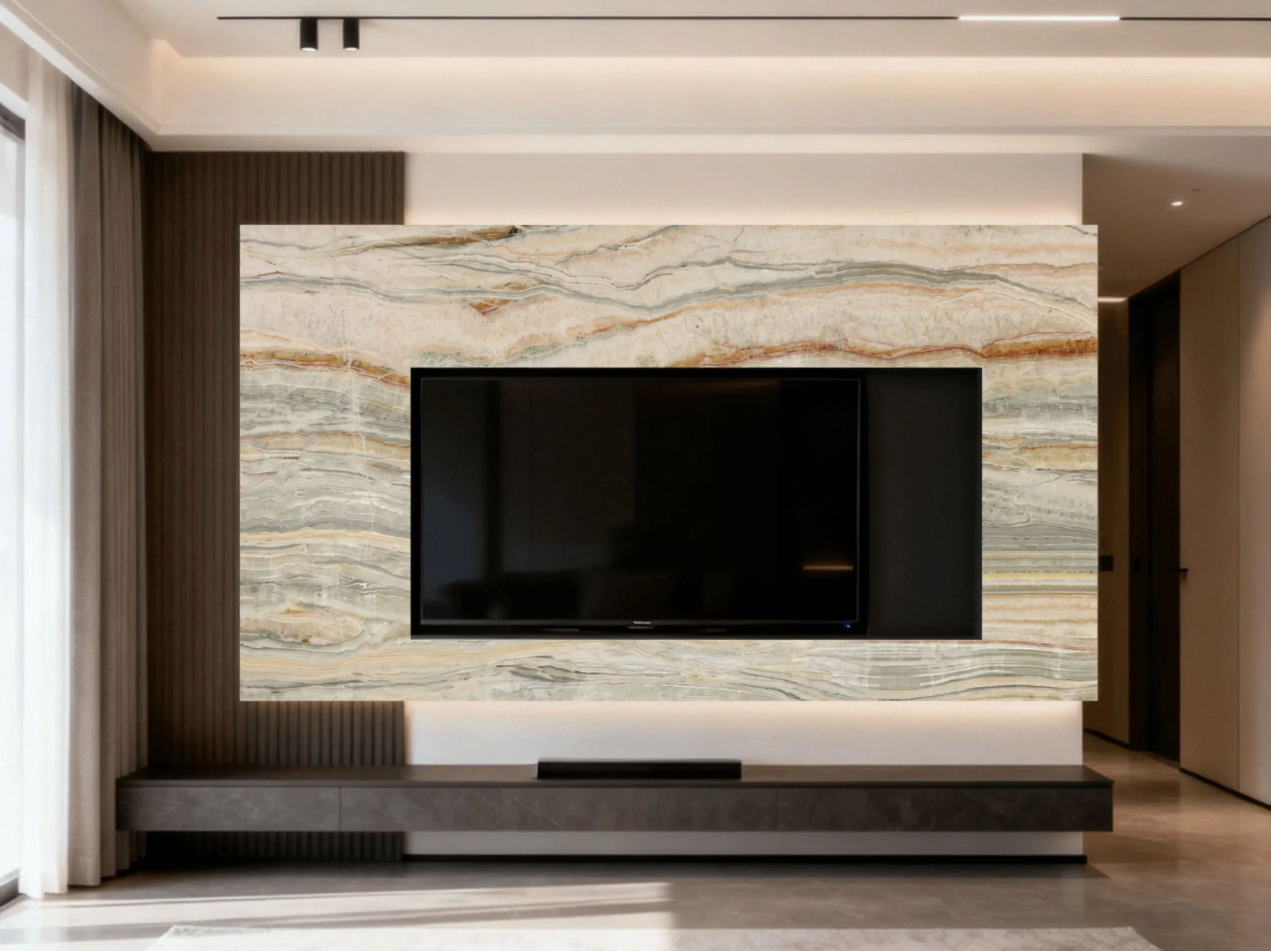 rainbow-persian-onyx-tv-feature-wall-02.webp rainbow persian onyx tv feature wall with cream beige grey green and warm orange bands