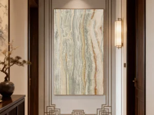 rainbow persian onyx vertical wall panel with ivory grey green honey and orange layered veining