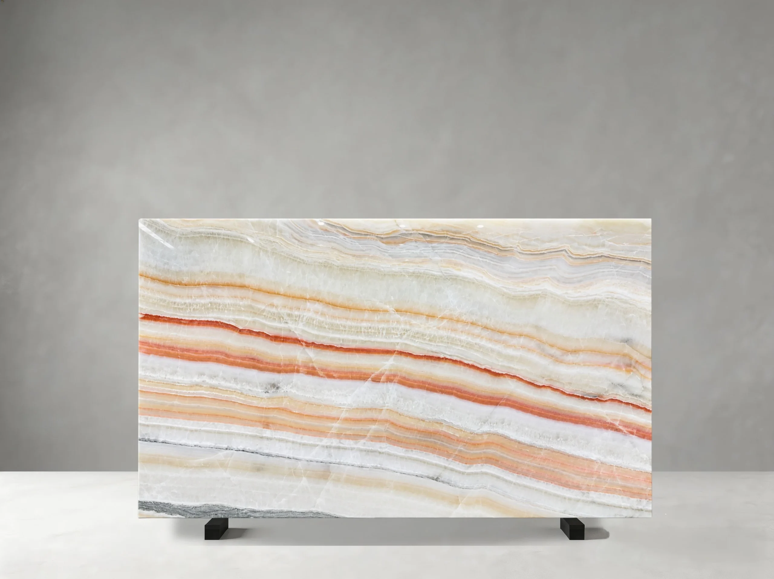 ran-rainbow-onyx-slab-orange-cream-bands-04.webp iran rainbow onyx slab with orange red cream ivory and pale honey layered mineral bands