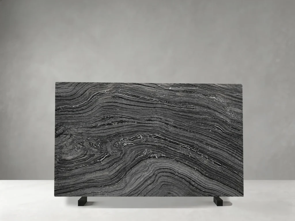 Rosewood Grain Black Marble slab with layered grey and black veins