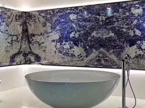 royal azul sodalite bathroom feature wall with deep blue mineral pattern