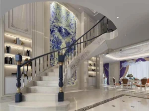 royal azul sodalite staircase feature wall in luxury double height interior