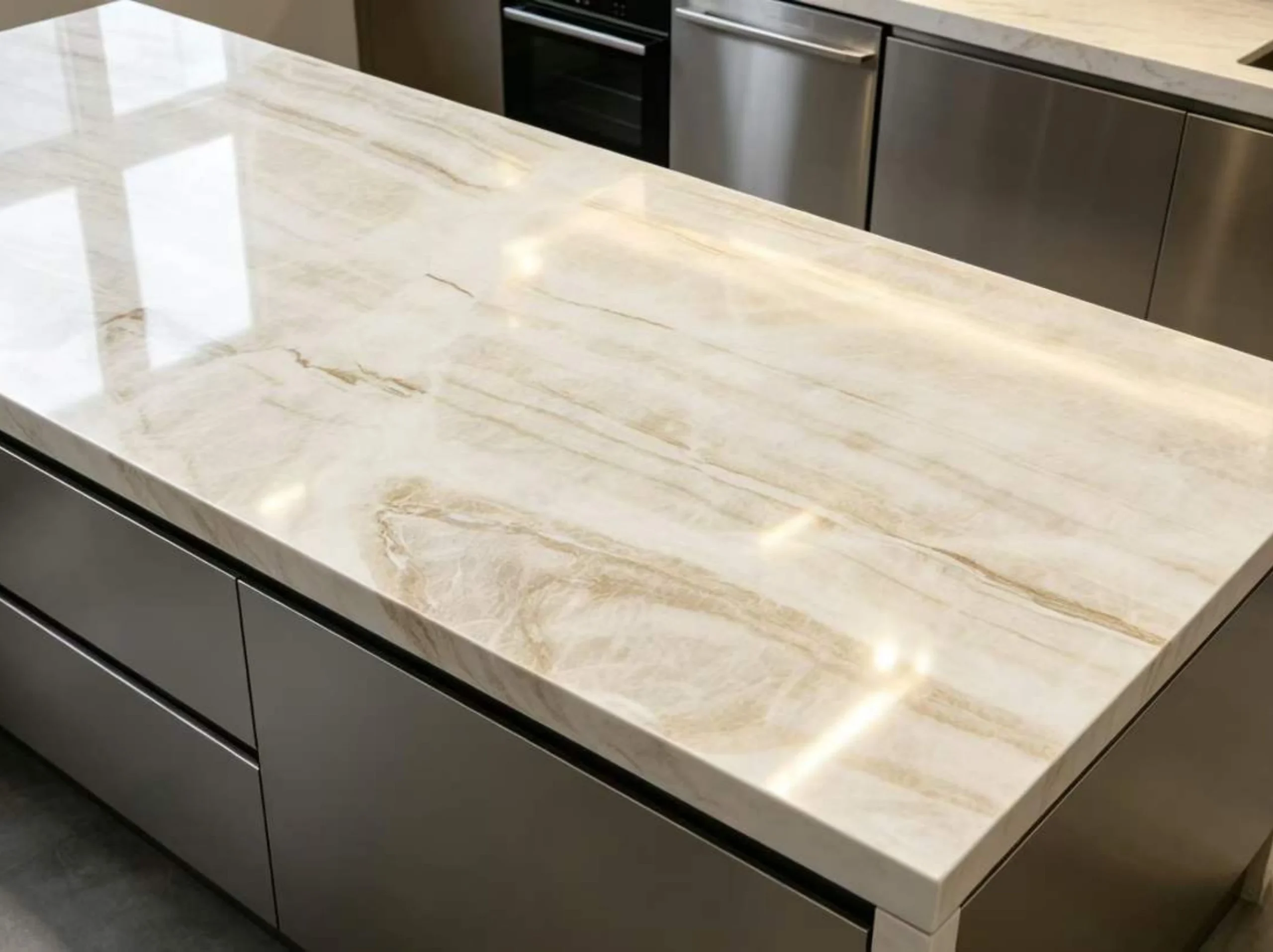 taj-mahal-quartzite-backlit-bar.webp Taj Mahal Quartzite kitchen island with rounded edges and warm beige veining