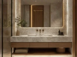 Taj Mahal Quartzite backlit bar with matching countertop and wall cladding