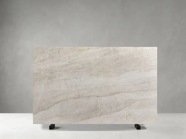 Taj Mahal Quartzite slab with soft taupe veining and natural crystalline movement