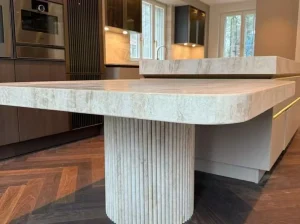 Custom Taj Mahal White Quartzite table top with soft ivory and grey veining