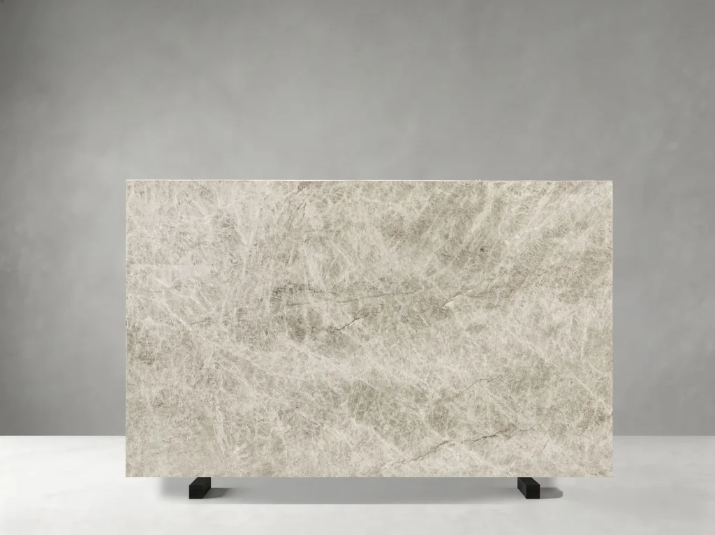 Natural texture of Taj Mahal White Quartzite with soft grey and beige crystalline movement