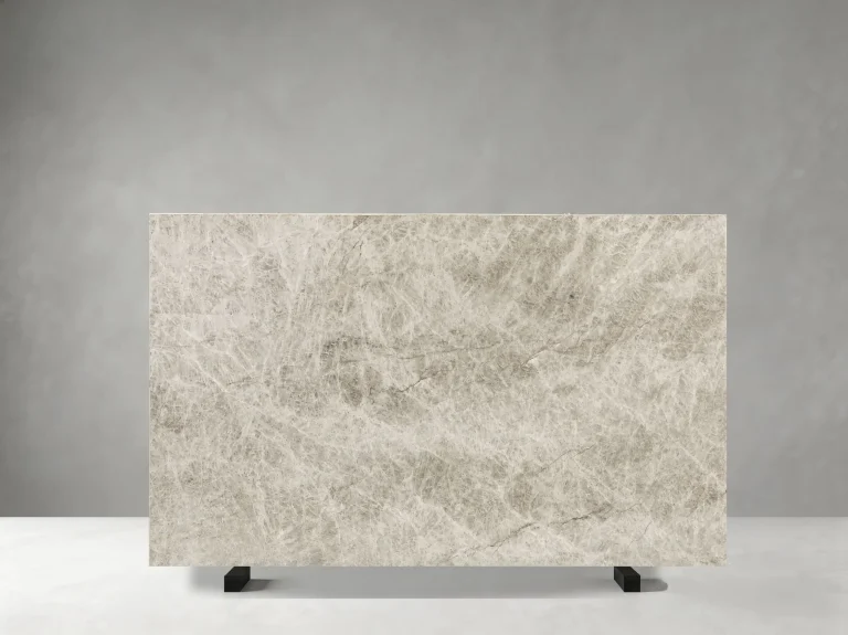 Natural texture of Taj Mahal White Quartzite with soft grey and beige crystalline movement