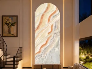 van gough onyx arched feature wall with cream orange grey and pale yellow flowing bands
