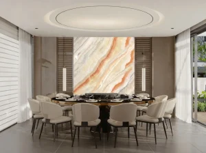 van gough onyx dining room feature wall with cream orange grey and pale yellow layered pattern