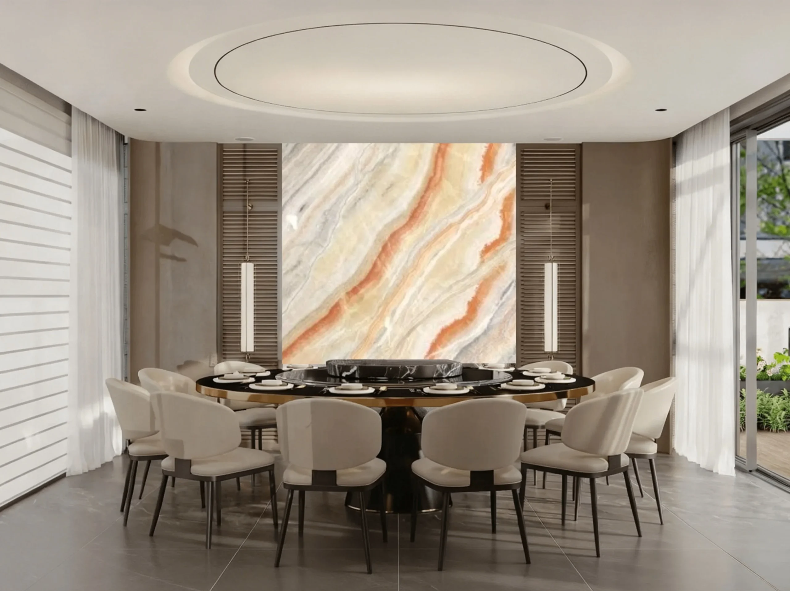 van-gough-onyx-dining-room-feature-wall-02.webp van gough onyx dining room feature wall with cream orange grey and pale yellow layered pattern