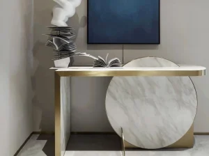 Custom Volakas Drama White Marble console table with circular stone panels and gold metal frame
