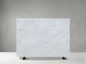 Front view of Volakas Drama White Marble slab with fine diagonal linear grey veining