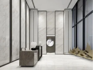 Volakas Marble wall panels and flooring in a contemporary luxury lobby