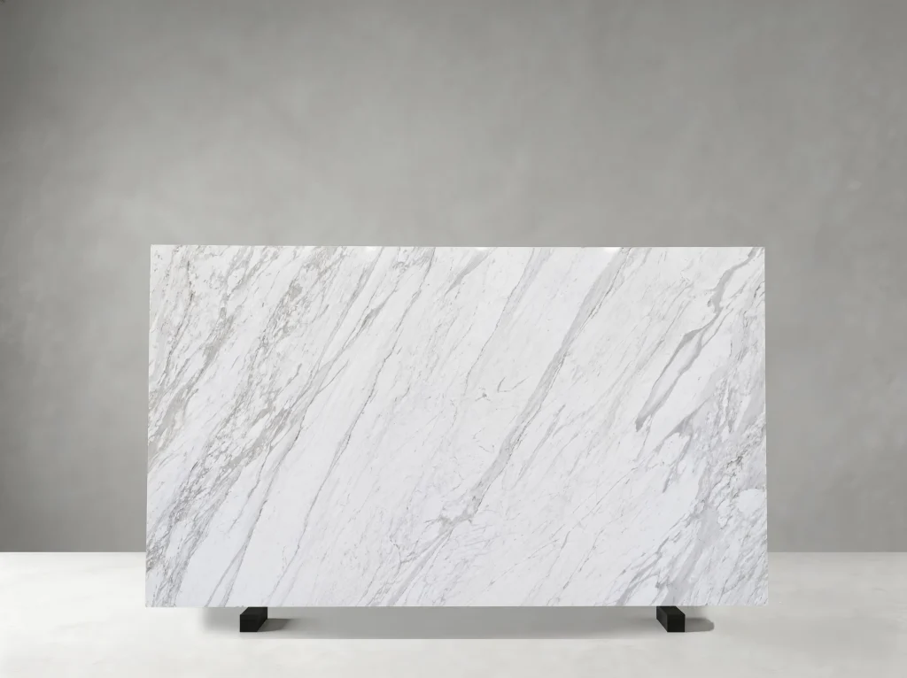 Close-up of Volakas White Marble surface with natural grey veining