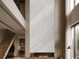 White Guangxi Marble floor-to-ceiling fireplace feature wall in a modern living room