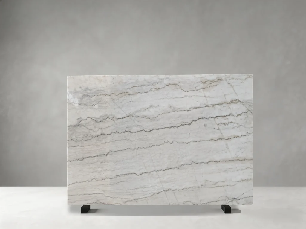 Polished White Guangxi Marble slab with layered grey and beige veins