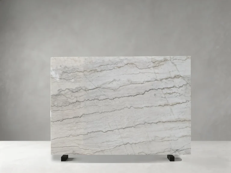 Polished White Guangxi Marble slab with layered grey and beige veins
