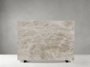 Natural White Matira Quartzite slab with layered grey veins and soft taupe mineral patterns