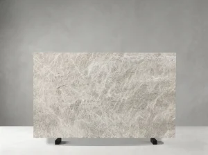 Close-up of White Perla Venata Quartzite crystalline texture and natural silver-grey mineral veins