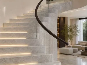 White Perla Venata Quartzite luxury curved staircase with pearl-white crystalline veining