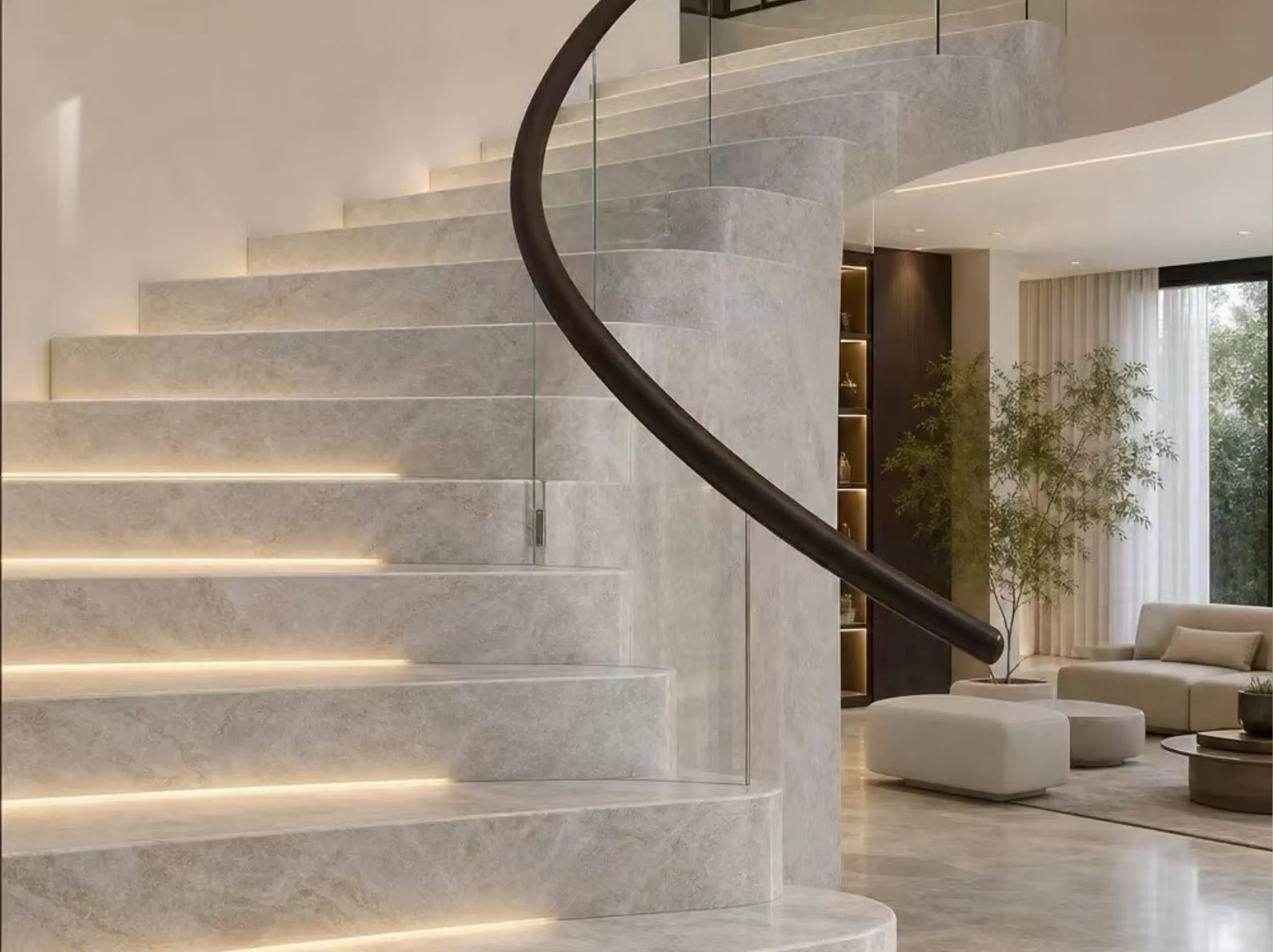white-perla-venata-quartzite-luxury-staircase.webp White Perla Venata Quartzite luxury curved staircase with pearl-white crystalline veining