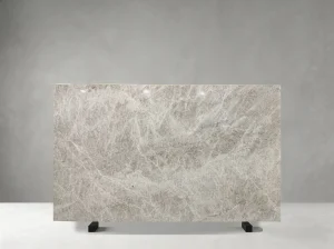 Front view of White Perla Venata Quartzite slab with pearl-white and silver-grey veining
