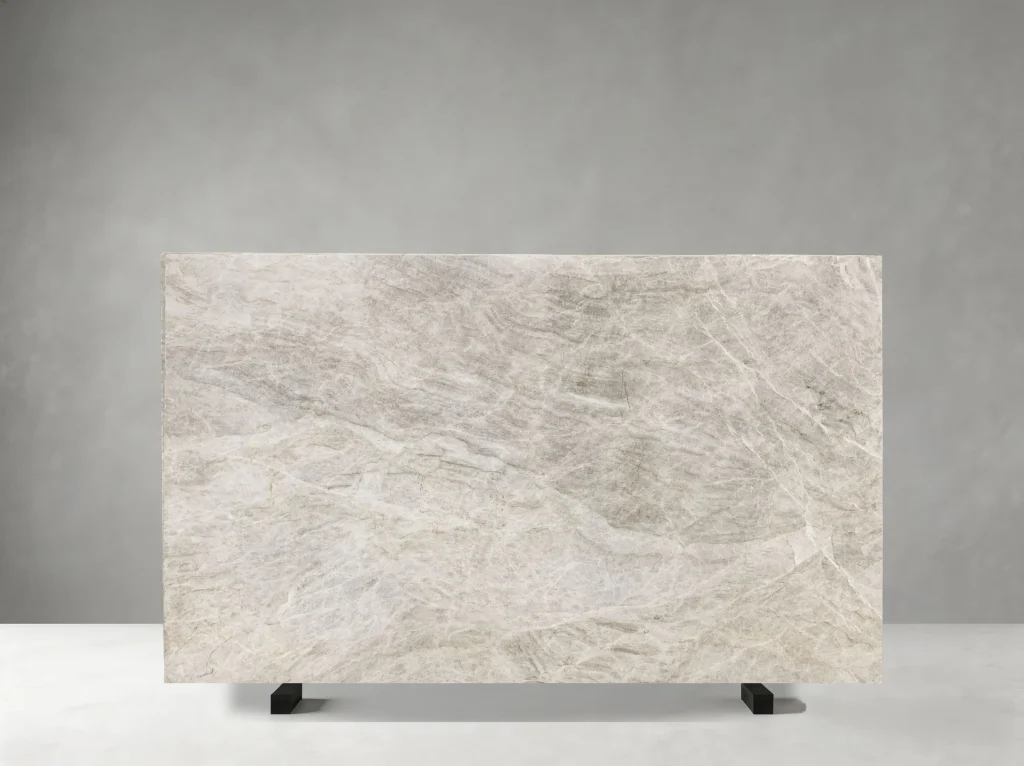 White Taj Mahal Quartzite sample panel with soft ivory tones and natural crystalline veining