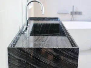 Wooden Black Marble custom bathroom vanity with integrated basin
