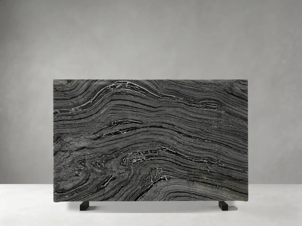 Wooden Black Marble slab with layered black and grey grain