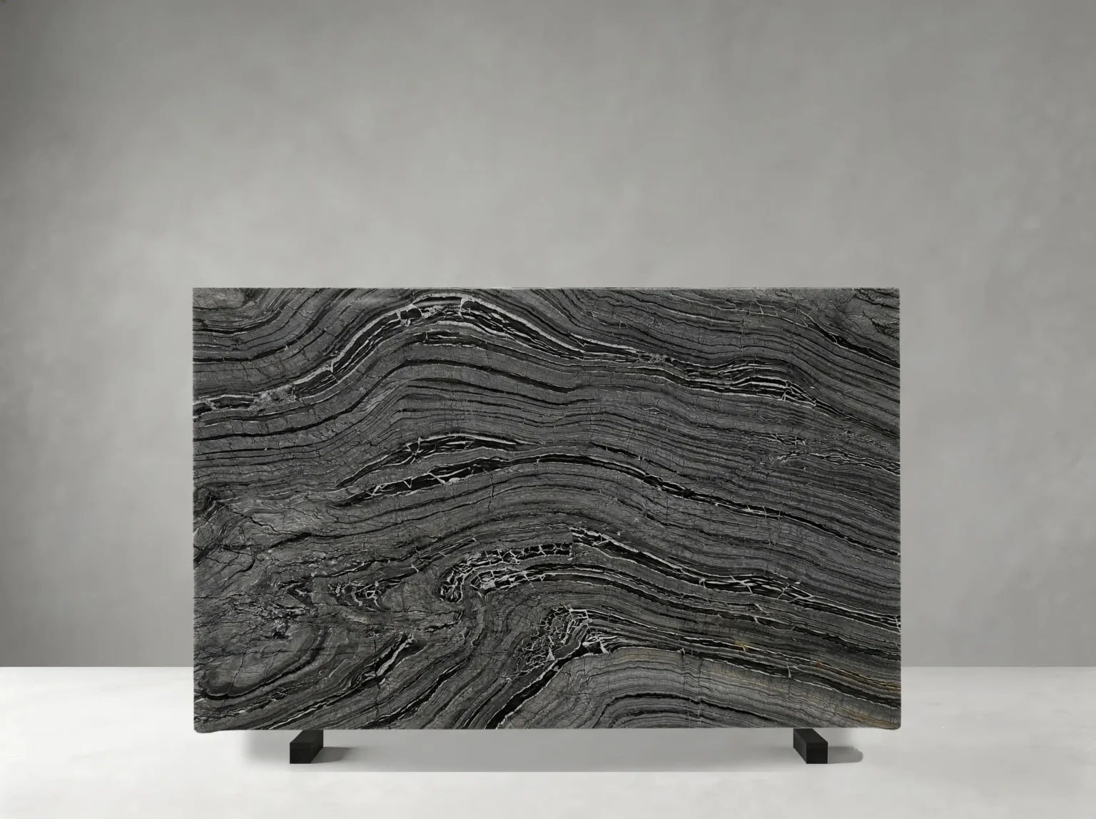 Wooden Black Marble slab with layered black and grey grain