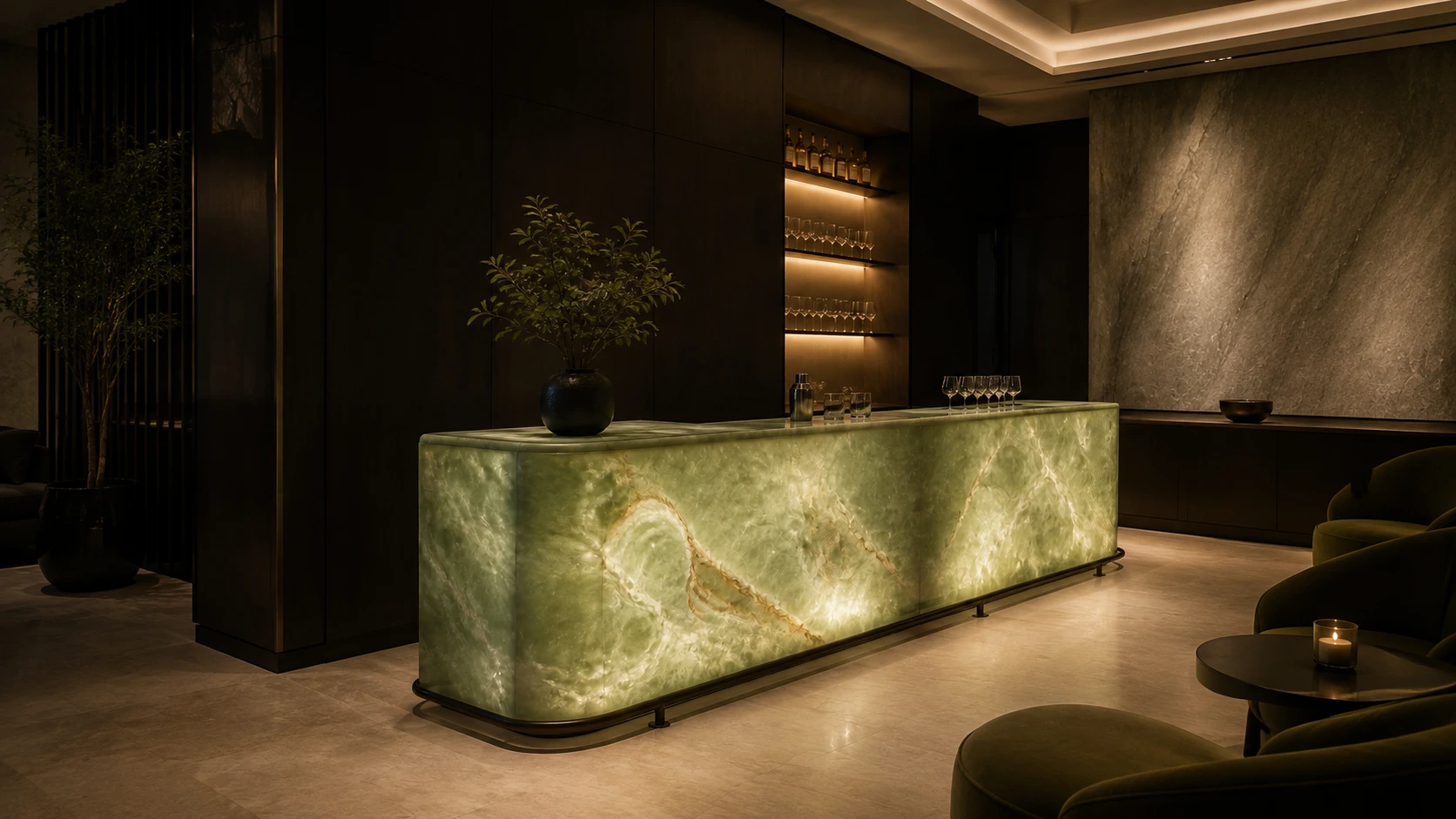 Backlit green onyx bar counter in a luxury hospitality interior